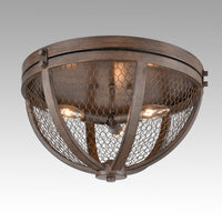 Vintage Wood Grain Metal Cage Flush Mount Ceiling Light With 3-Lights