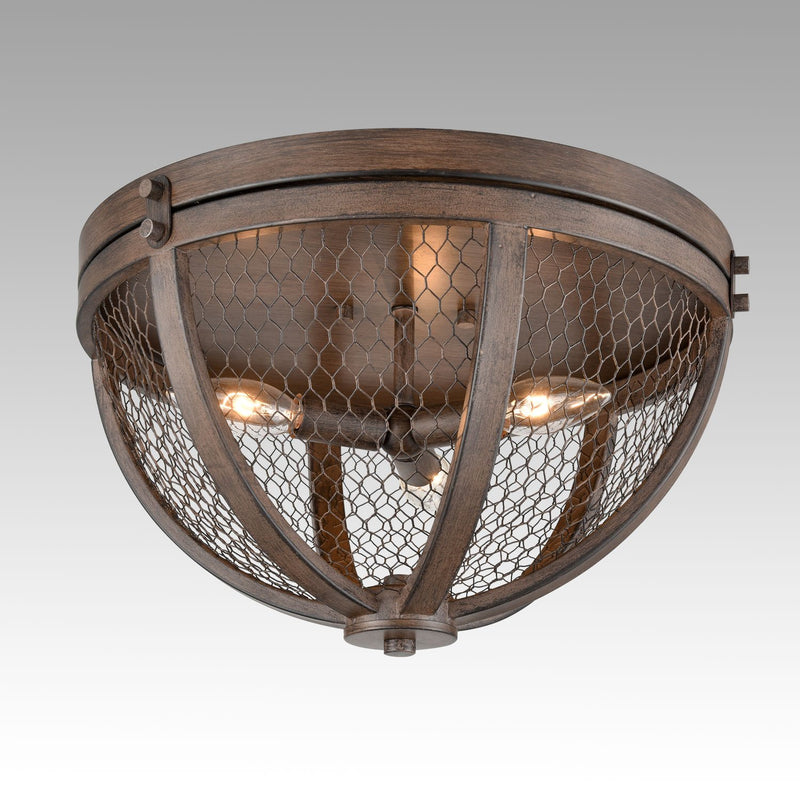 Vintage Wood Grain Metal Cage Flush Mount Ceiling Light With 3-Lights