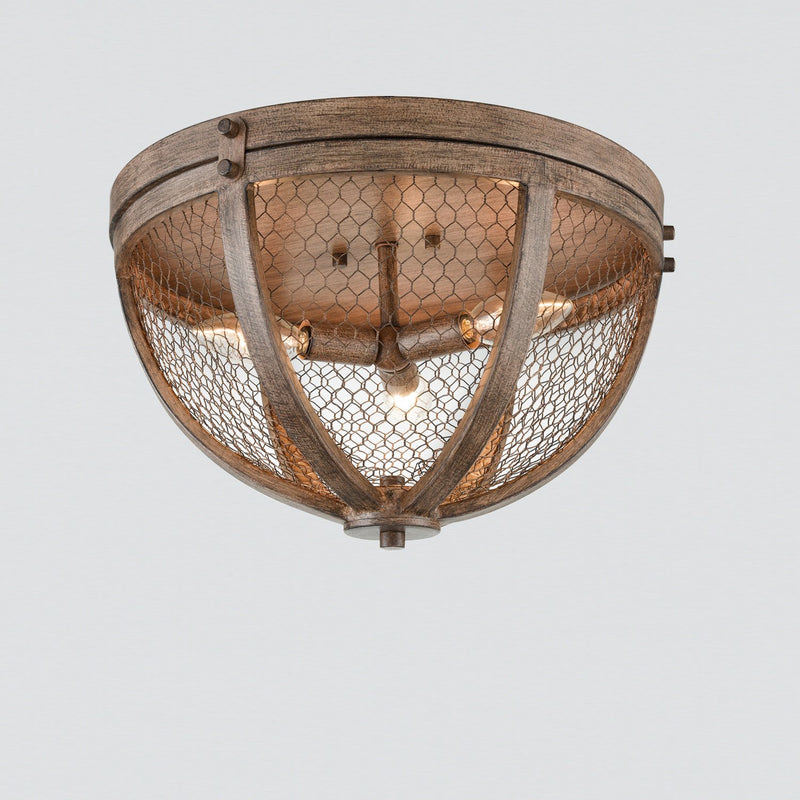 Vintage Wood Grain Metal Cage Flush Mount Ceiling Light With 3-Lights