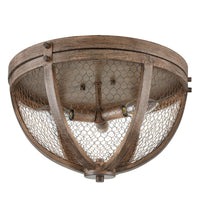 Vintage Wood Grain Metal Cage Flush Mount Ceiling Light With 3-Lights