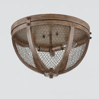 Vintage Wood Grain Metal Cage Flush Mount Ceiling Light With 3-Lights
