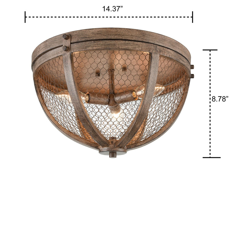 Vintage Wood Grain Metal Cage Flush Mount Ceiling Light With 3-Lights