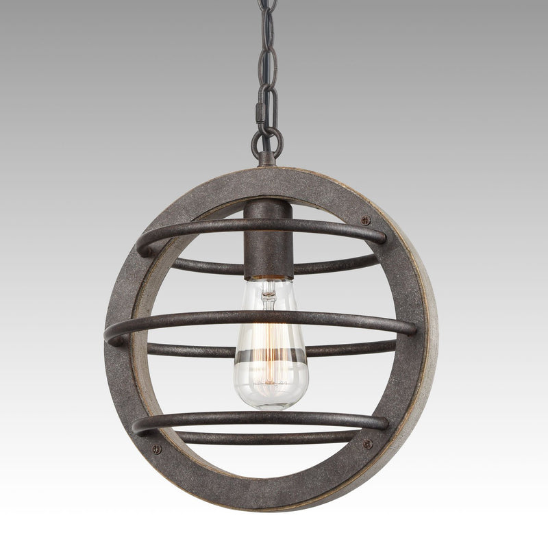 Vintage Industrial Oak Wood and Metal Pendant Light with Antique Bronzed Finish