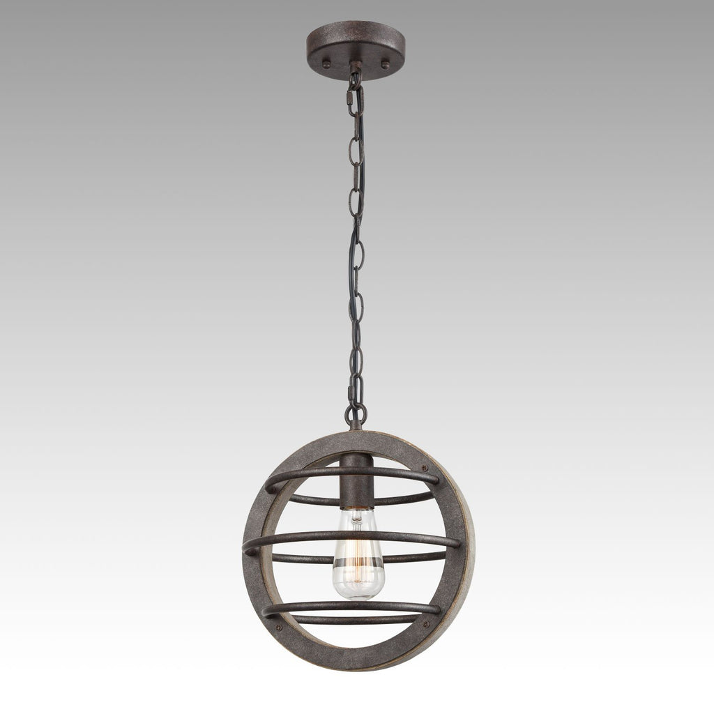 Vintage Industrial Oak Wood and Metal Pendant Light with Antique Bronzed Finish