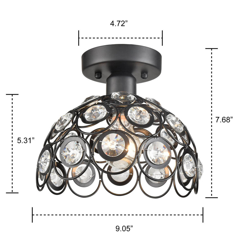 Modern Jewel Crystal and Black Metal Semi-Flushmount Ceiling Fixture